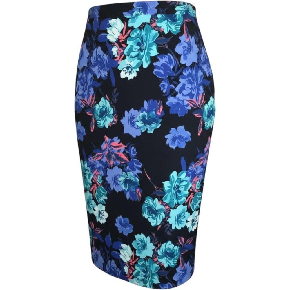 Floral Pencil Skirt 22W Blue Teal‎ Coral Black Midi Length Elastic Waist